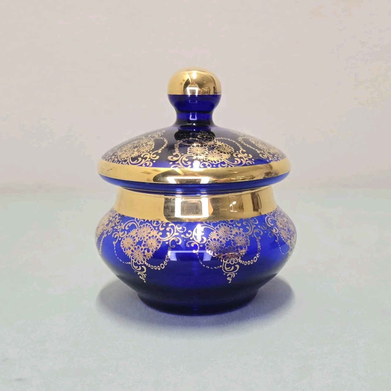 Vintage Vecchia Murano Cobalt Blue Gold Gilt Art Glass Covered Jar Lidded Vanity