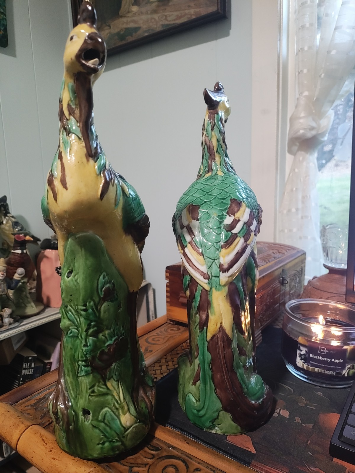 2 Porcelain Phoenix Ho Ho Birds Vibrant open Beak 14\