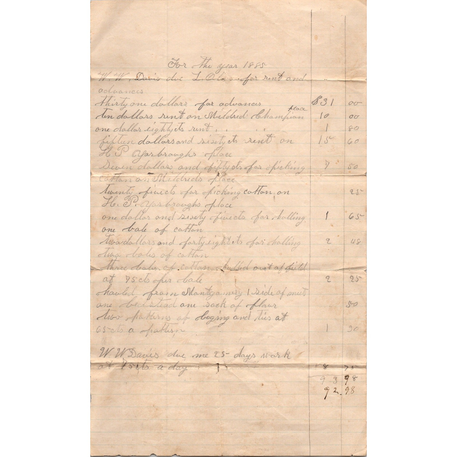 W.W. Davis Dues and Advances Montgomery Alabama 1885 Letter AJ9-4
