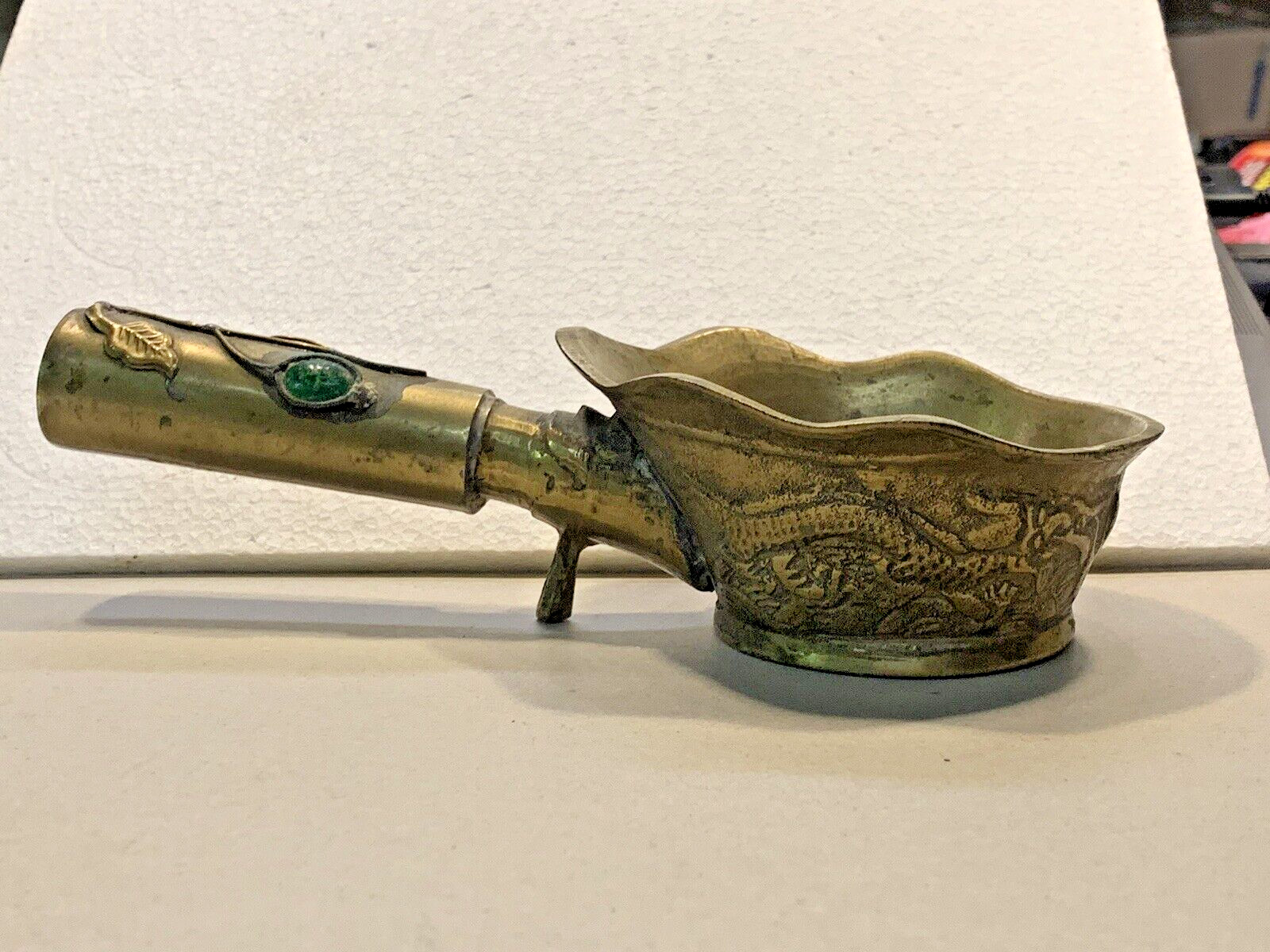 Vtg Old China Export Solid Brass Handle ashtray incense burner Dragons Stones