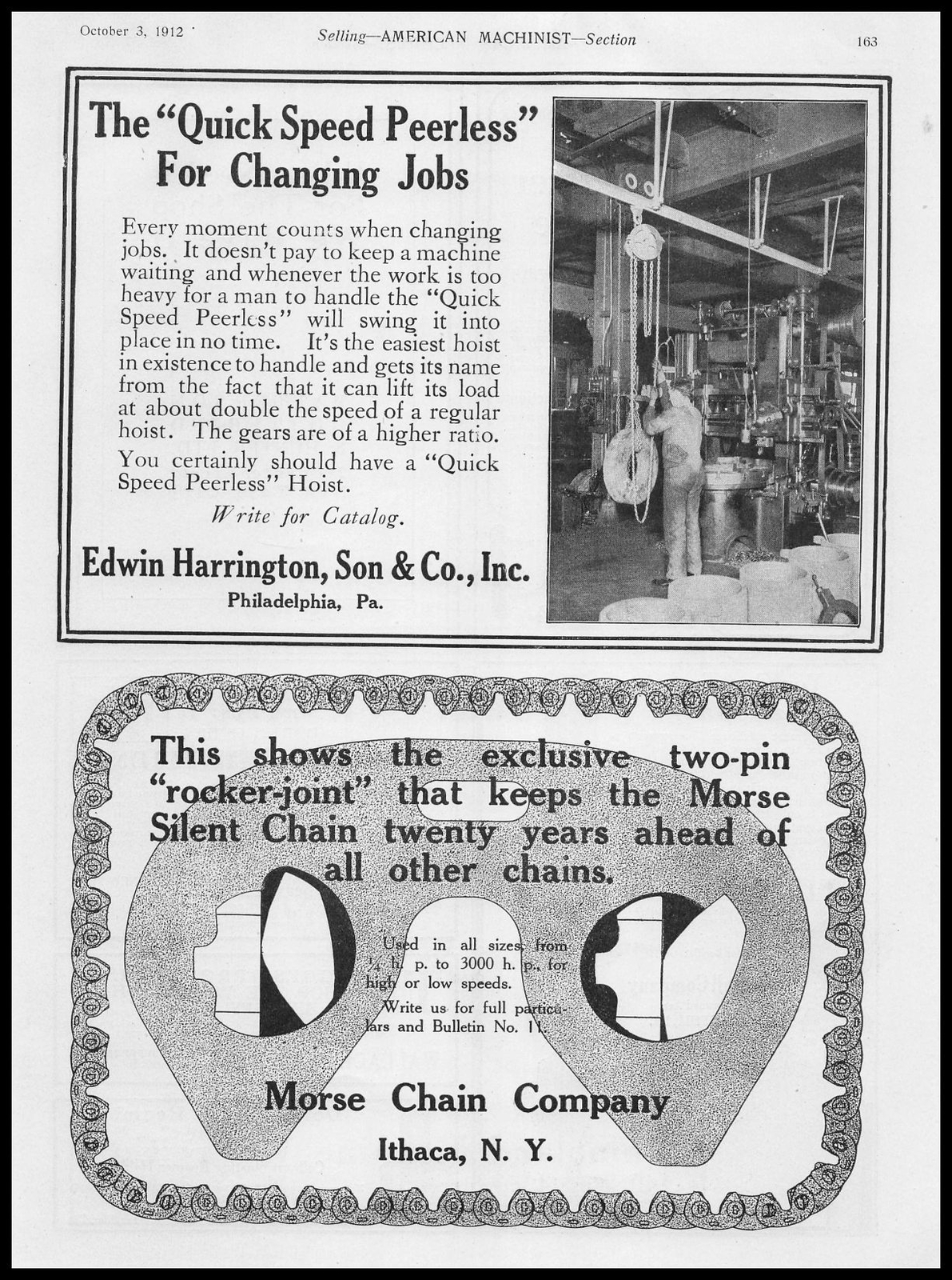 1912 Edwin Harrington Co. Philadelphia Photo Quick Speed Peerless Hoist Print Ad