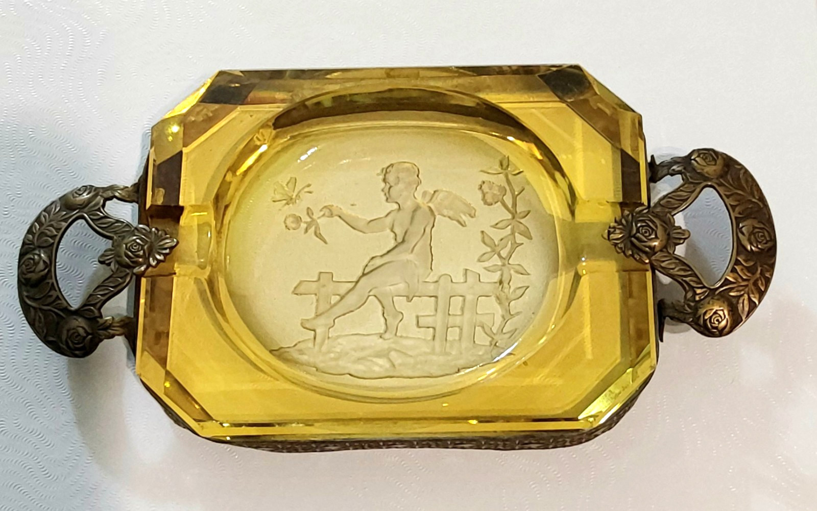 Heinrich Hoffman Amber Glass Handled Trinket Salt Cellar Czechoslovakia Art Deco