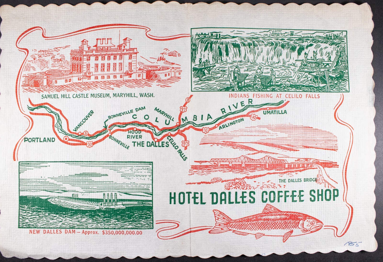 The Dalles Oregon Coffee Shop & Hotel Advertising Placemat Columbia River 1955