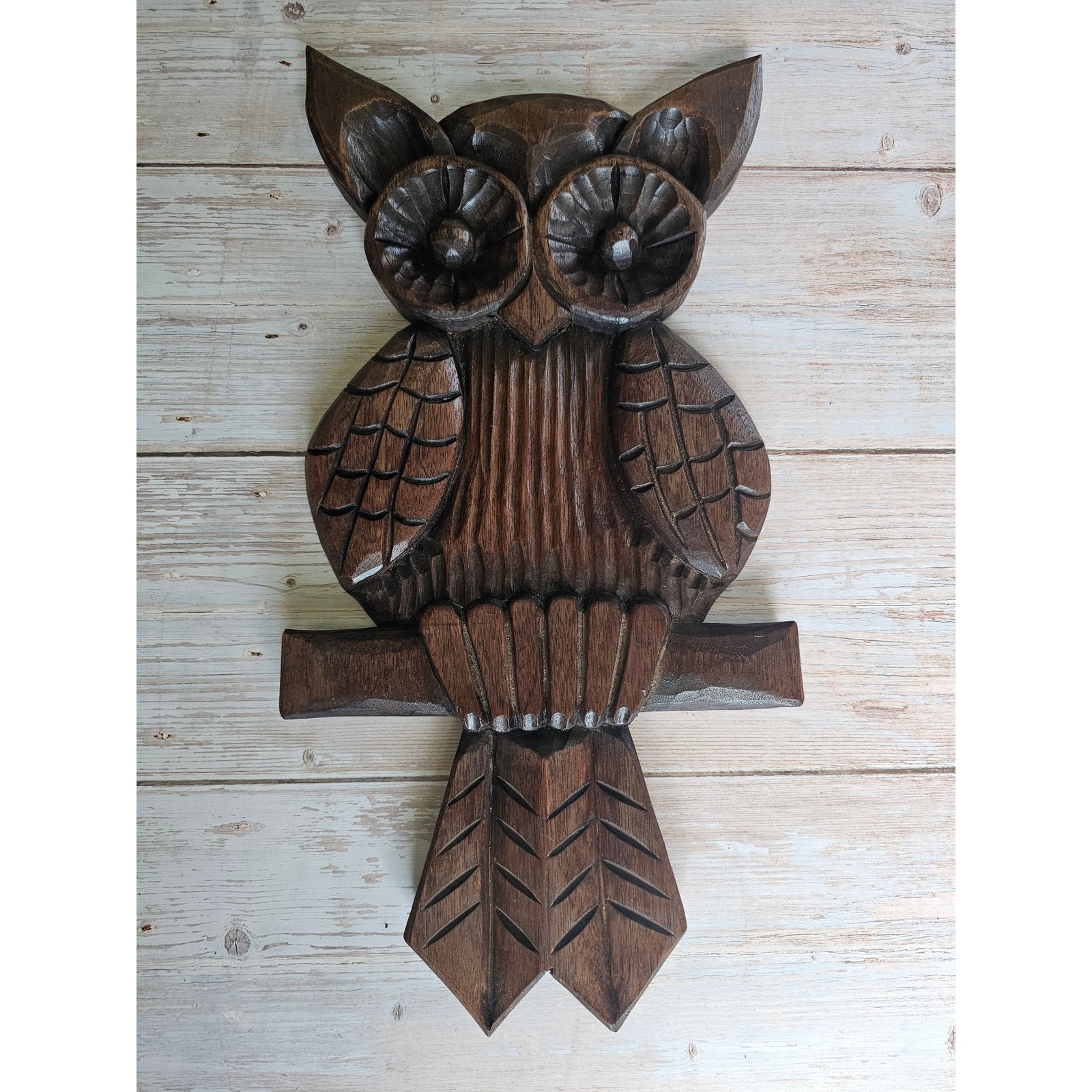 Vintage 70s Hand Carved Wood Owl Wall Hanging 18