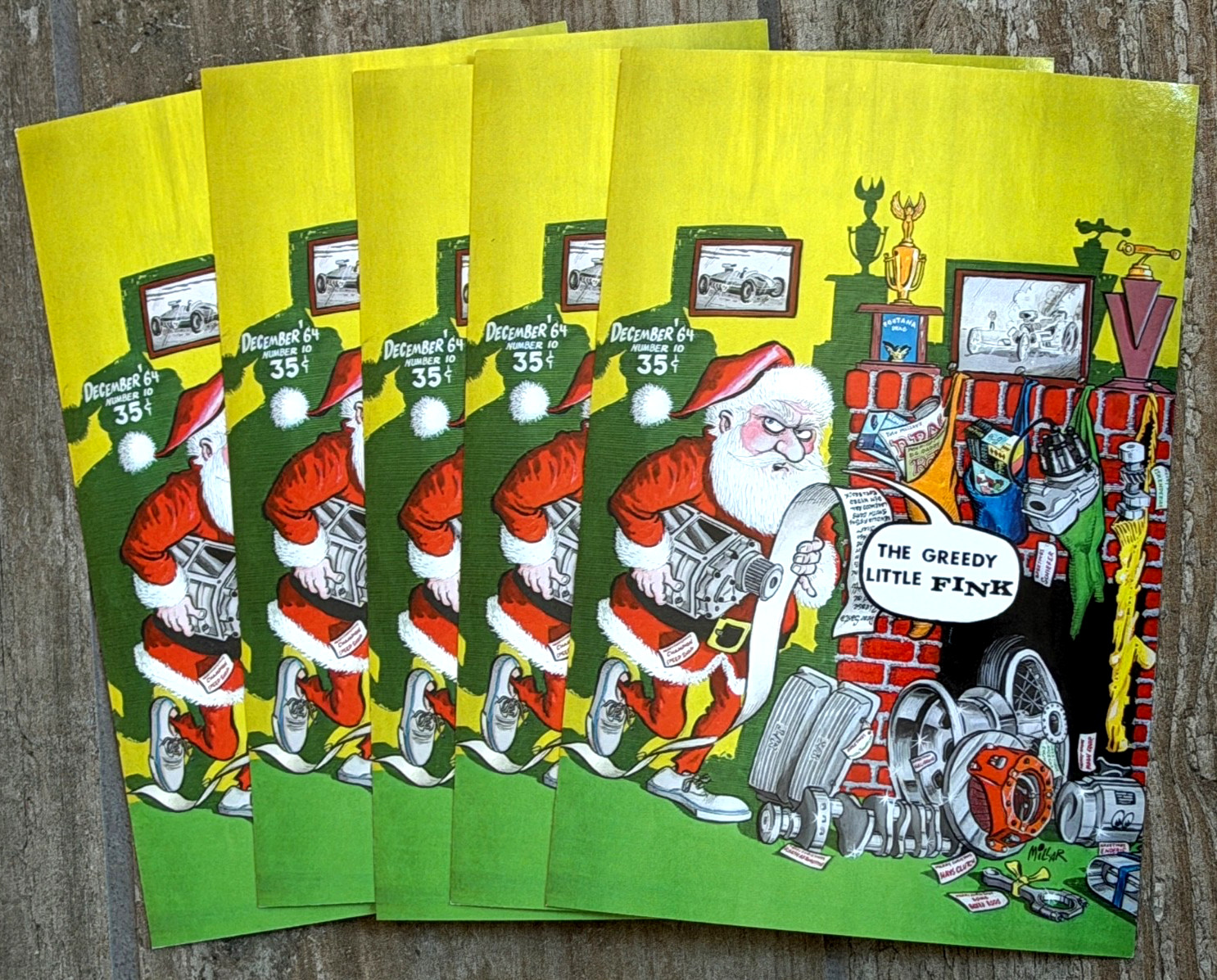 5 Vtg Pete Millar Drag Cartoons Santa Greedy Little Fink Hot Rod Postcards 1964