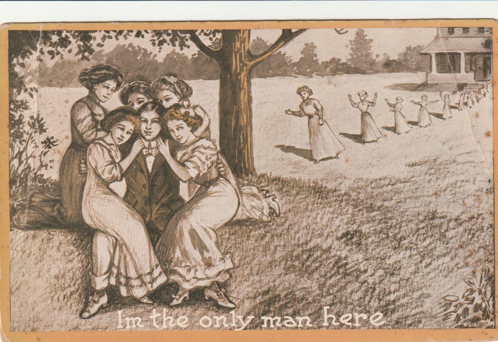 Vintage Postcard c1910 Im The Only Man Here Women Crowd Sepia Edwardian Comic