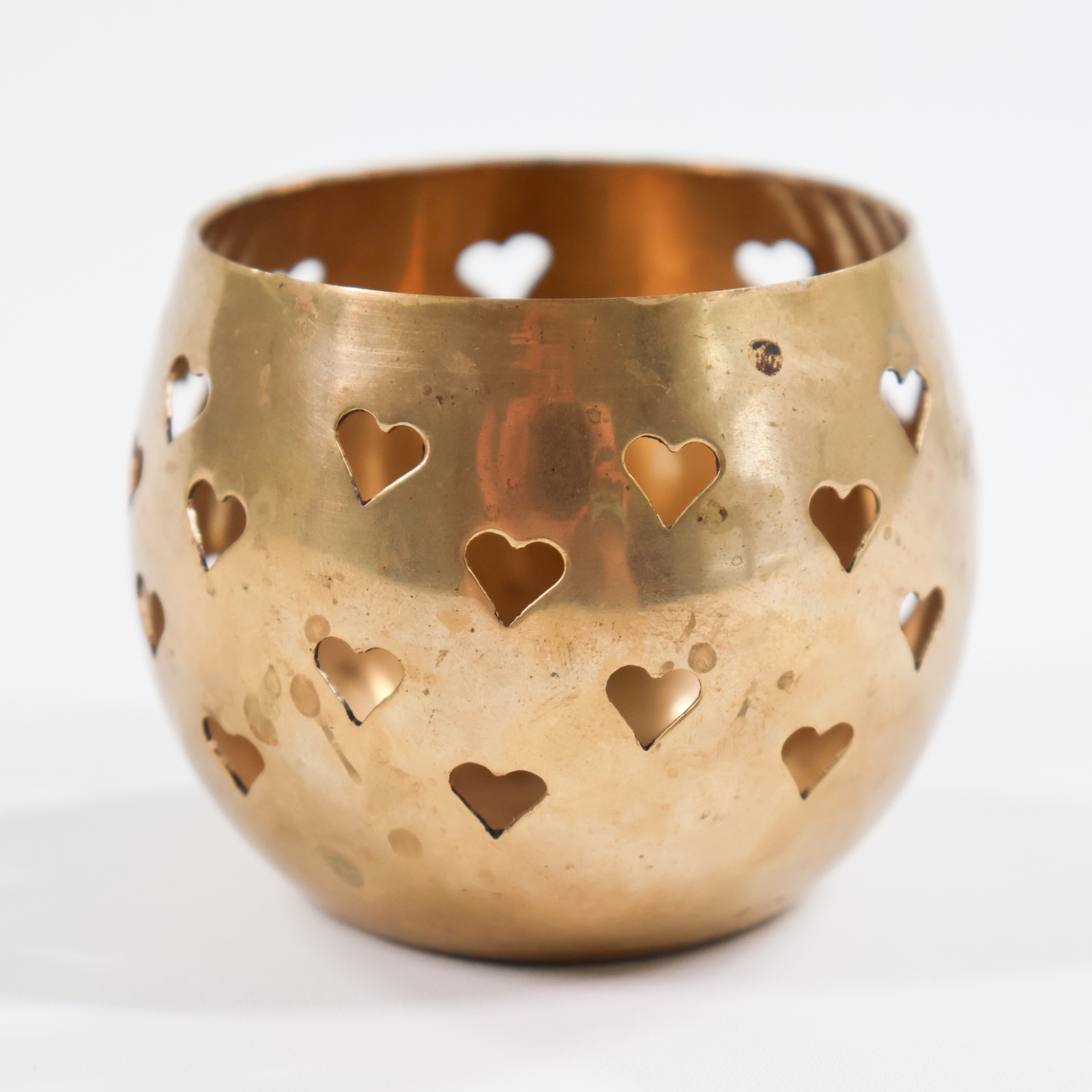 Vintage Heart Solid Brass Tea Light Candle Holder 3in Cutwork Cutouts Romantic