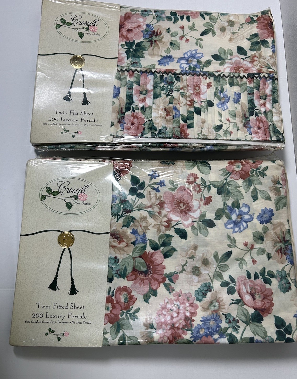 VINTAGE CROSCILL Floral Twin Flat & Fitted Sheet Set 200 Luxury Percale Rare NWT