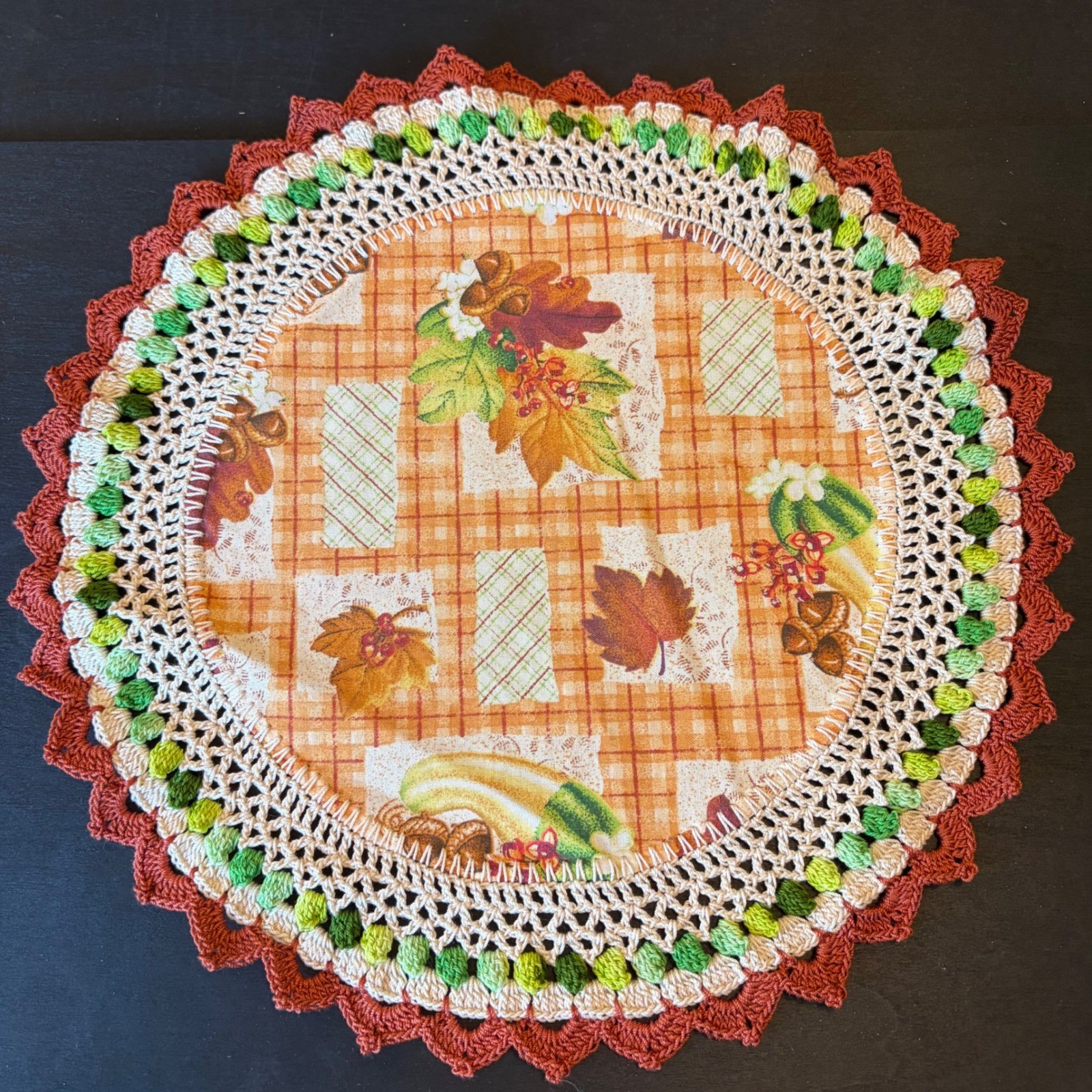 Vintage Autumn Harvest Fabric Doily Crochet Lace Trim Pumpkin Acorn 12 Inch