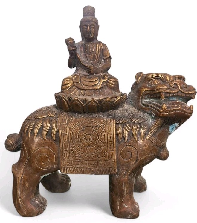 Antique Quan Yin Riding Foo Dog Bronze Statue/Figurine-3 Antique Quan Yin Riding Foo Dog Bronze Statue/Figurine-3