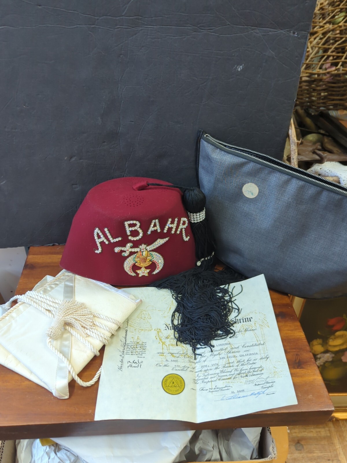 Vintage 1970s Mason Freemason Al Bahr Shriner Items Fez & Certificate