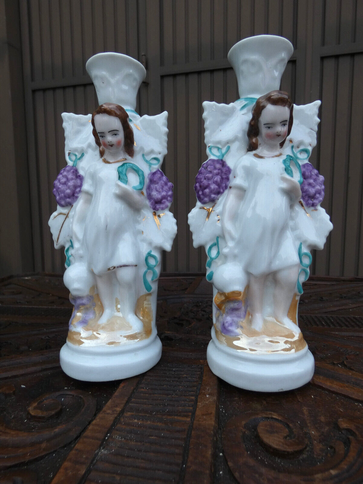 PAIR antique vieux paris porcelain religious saint figurine candle holder
