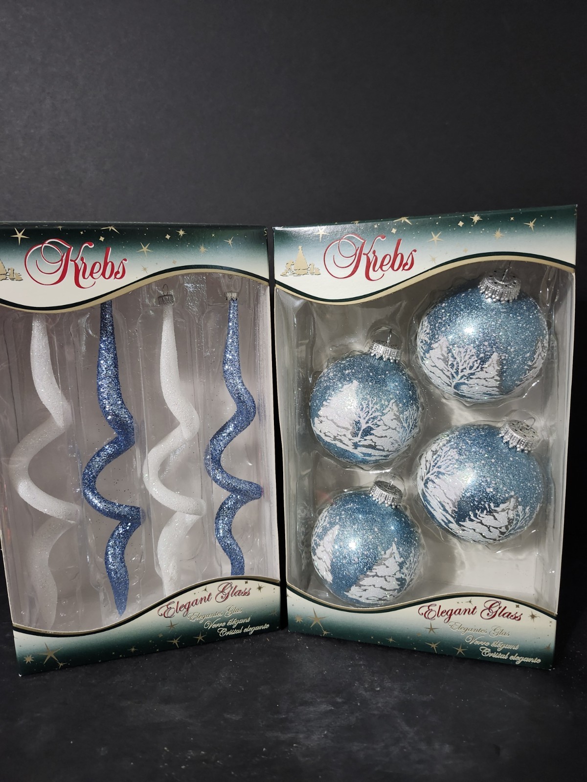 8 VTG Krebs Elegant Glass Ornaments Blue Winter Scene And Blue And White Ice...