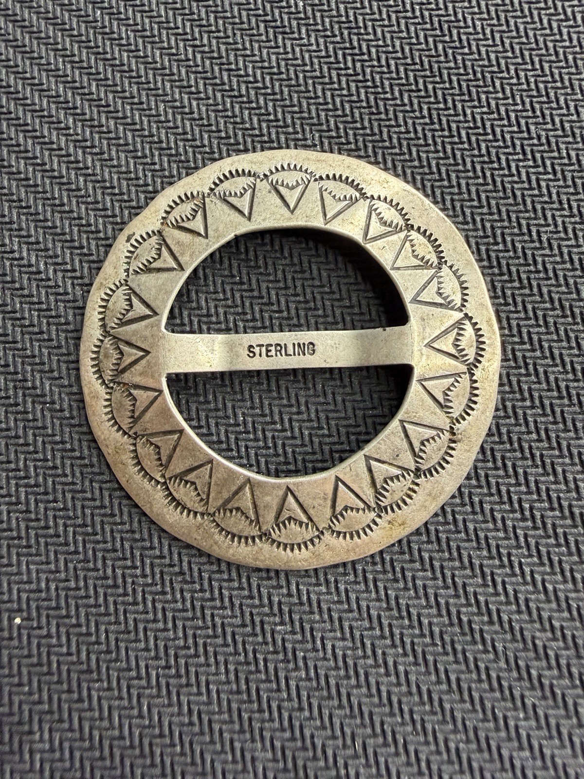 Vtg Sterling Silver 925 Navajo Scarf Sash Buckle Round Handkerchief  Slide, 1.75