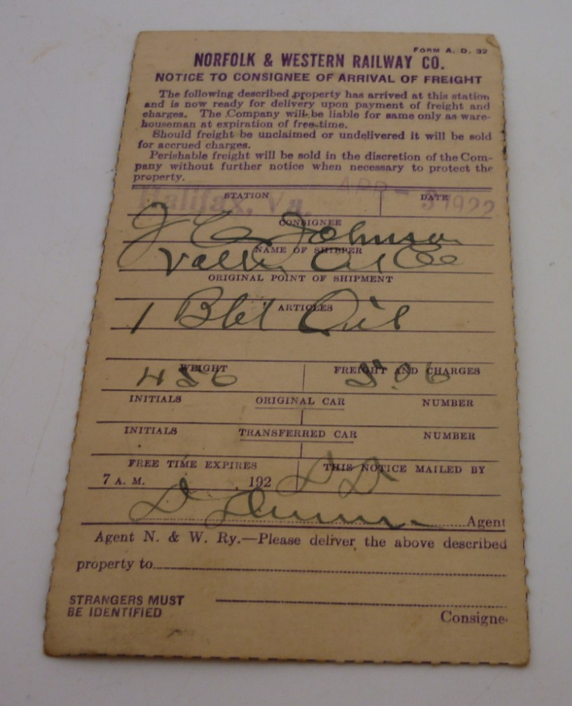 1922 Norfolk & Western Railway Freight Arrival Notice Halifax VA Postal Card