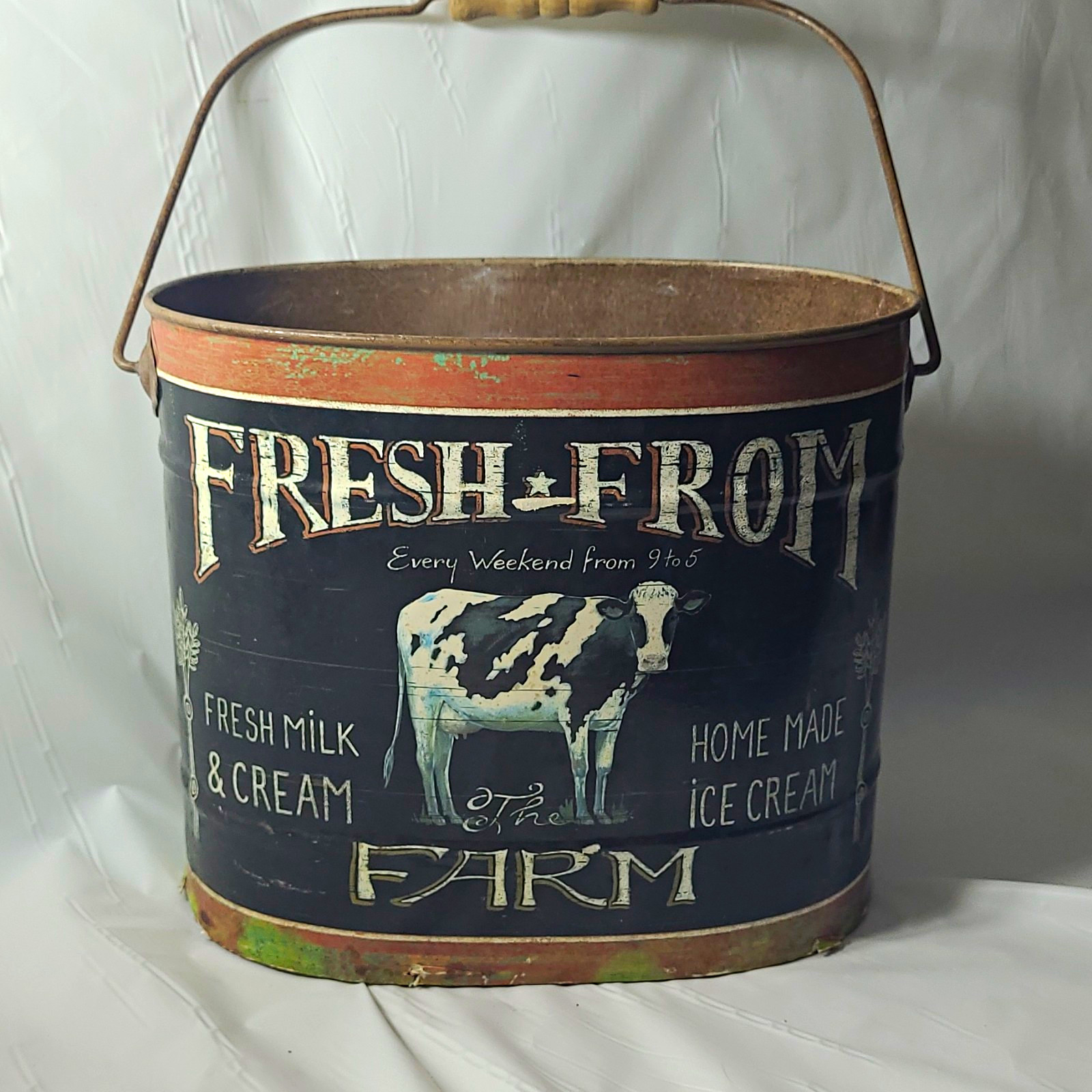 Fresh From the Farm Metal Tin Advertising Bucket w/ Handle Fresh Milk & Cream