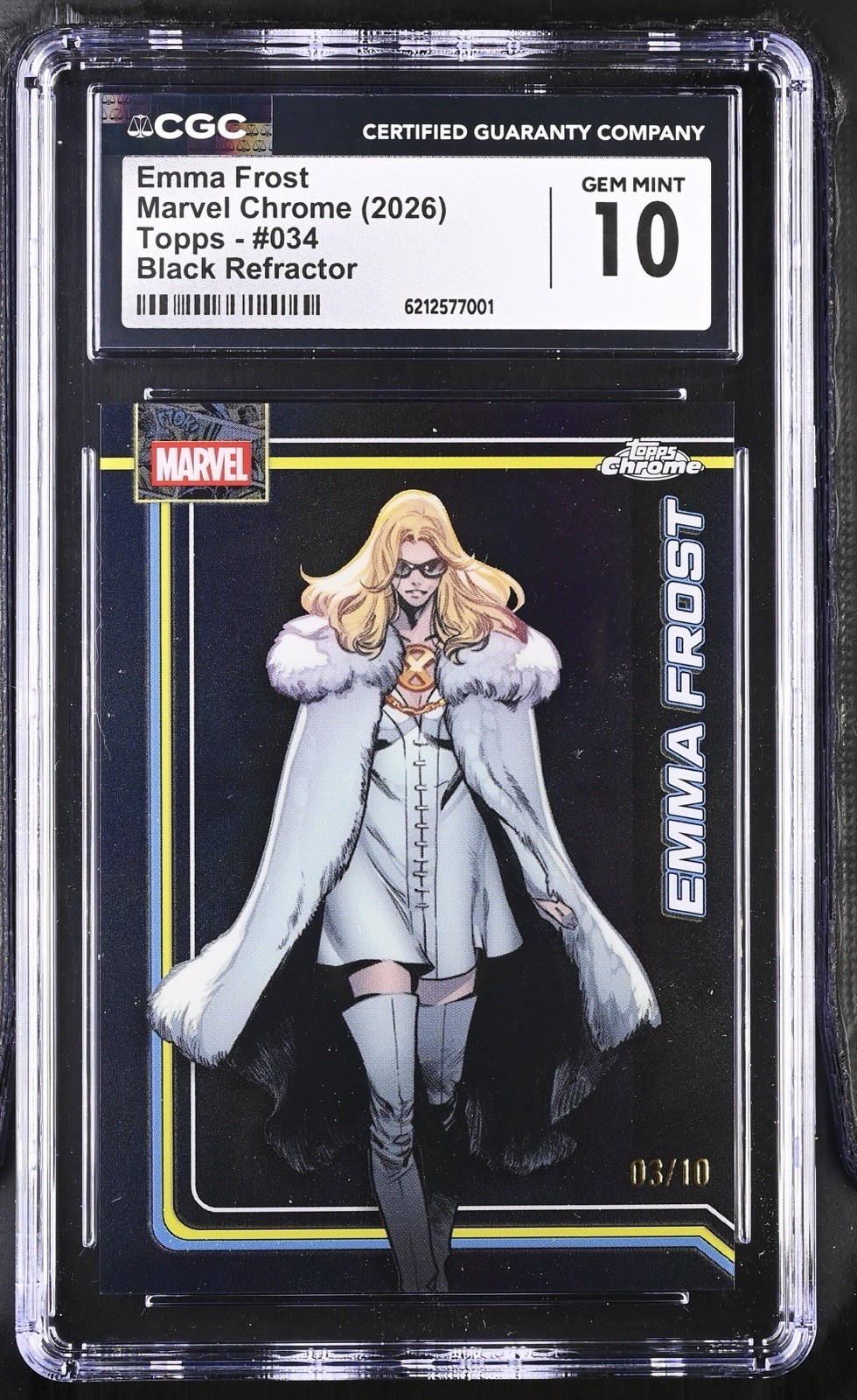 Emma Frost Marvel Chrome (2026) Topps #034 Black Refractor 3/10 CGC 10 TOP POP 1