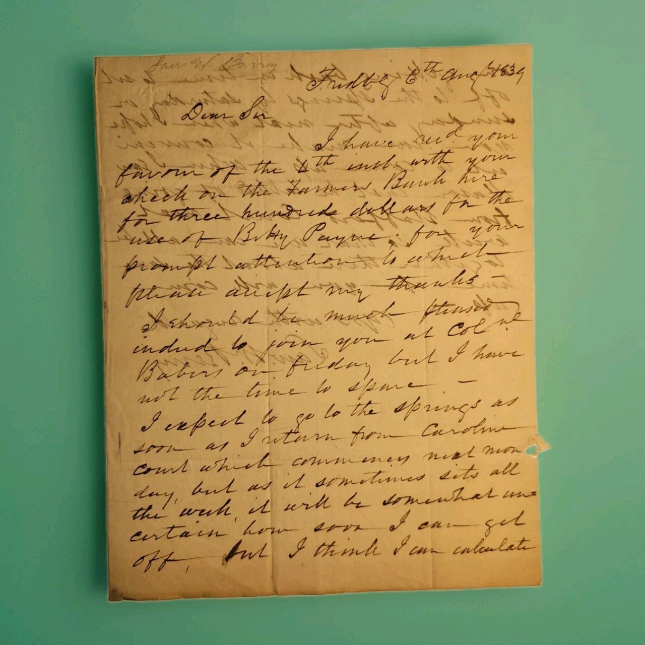 1839 Lawrence W Berry ALS to Lawrence Washington Fredericksburg VA Farmers Bank