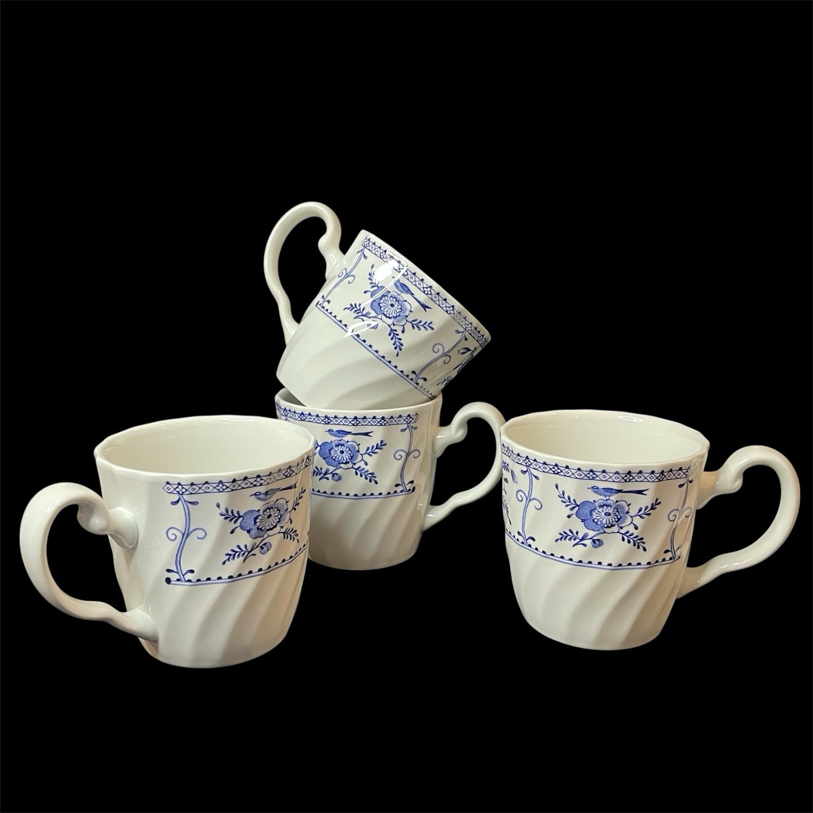 4 Vtg Johnson Brothers Indies Blue Mugs Swirl Floral Bird Transferware England