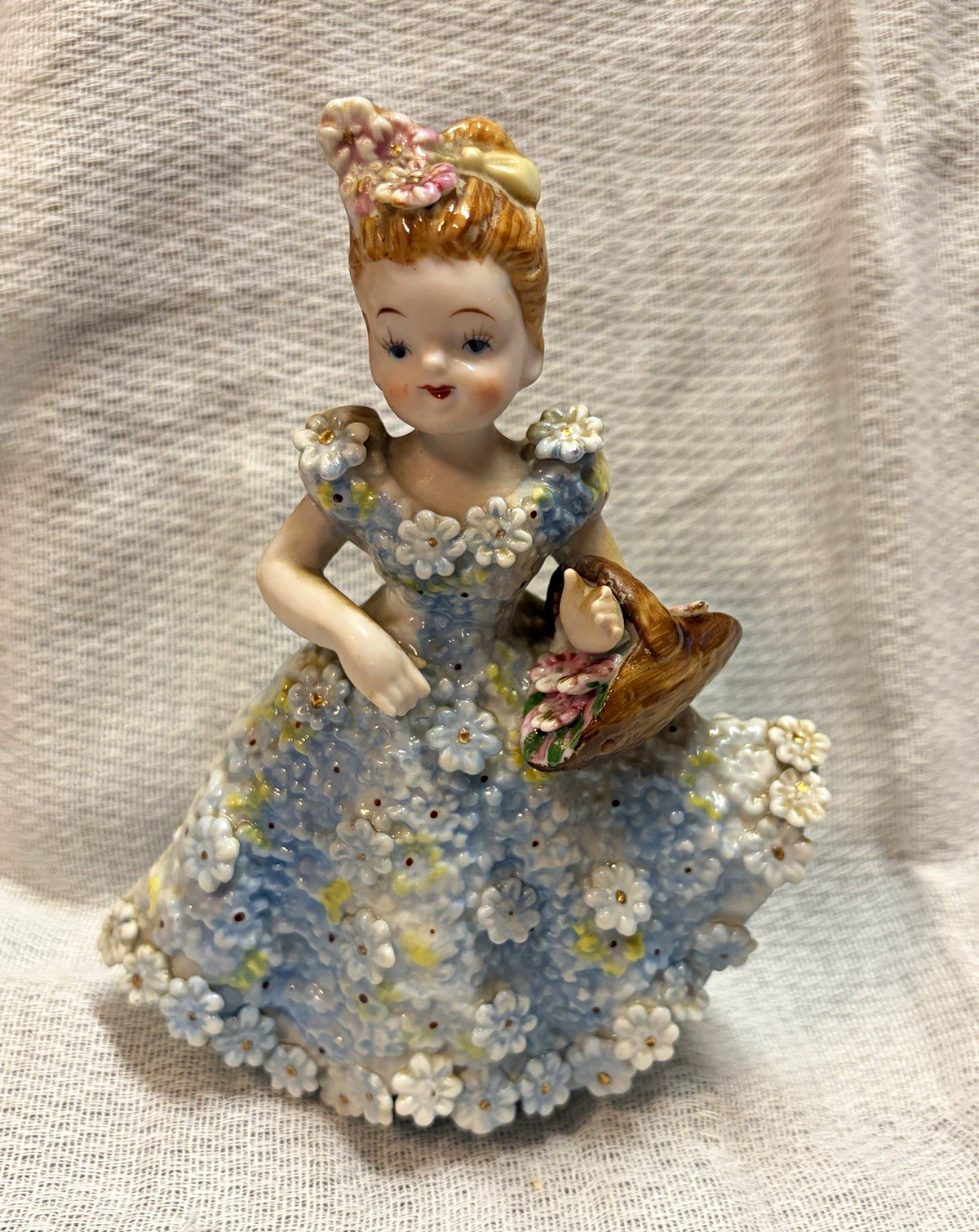 Vintage Ardalt Porcelain Girl Figurine Raised Blue Floral Dress Holding Basket 