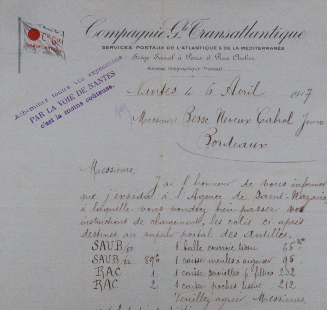 Invoice 1917 NANTES Compagnie Transaltlantique CGT FrenchLine 9