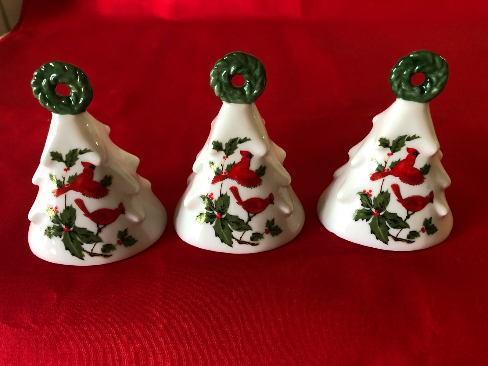 3 LEFTON 1984 China Bells with Red Cardinals Holly Wreath Topper