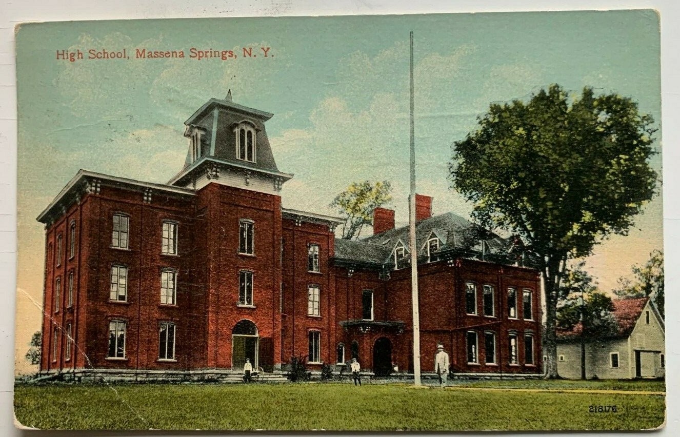1915 NY Postcard Massena Springs New York High School Building Man students 
