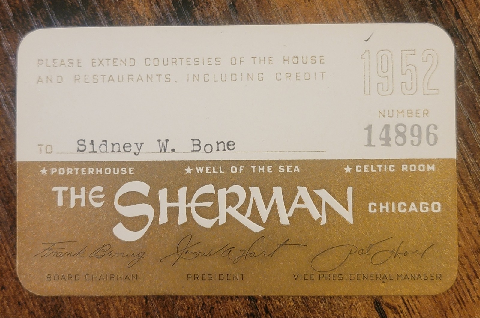 Vintage 1952 The Sherman Hotel Paper Credit Charge Card - Chicago Ephemera 