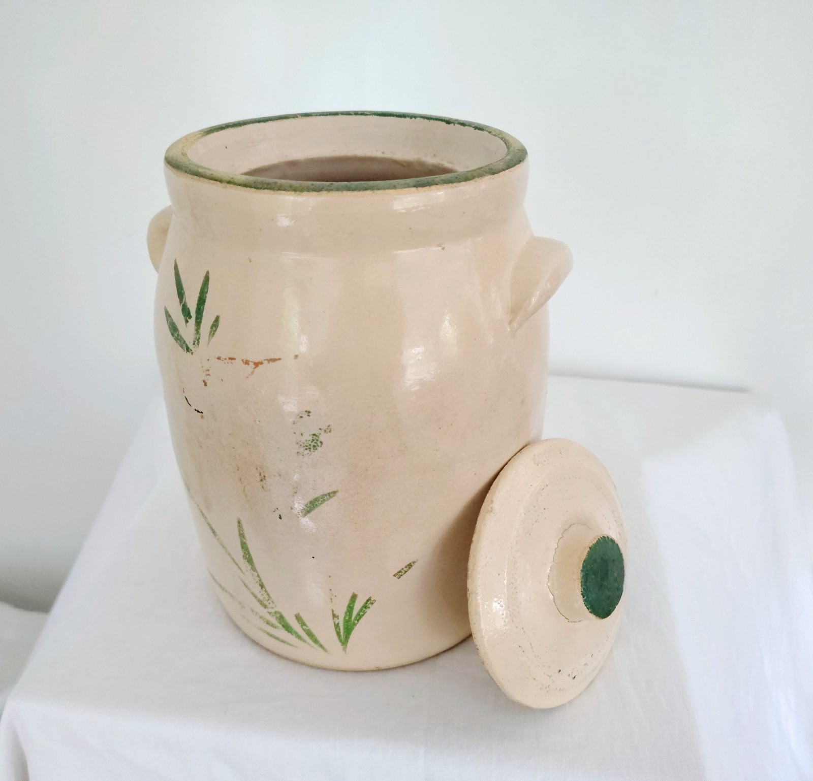 1930s Ransburg USA Stoneware Cookie Jar Crock w Lid Hand Painted Floral 9”