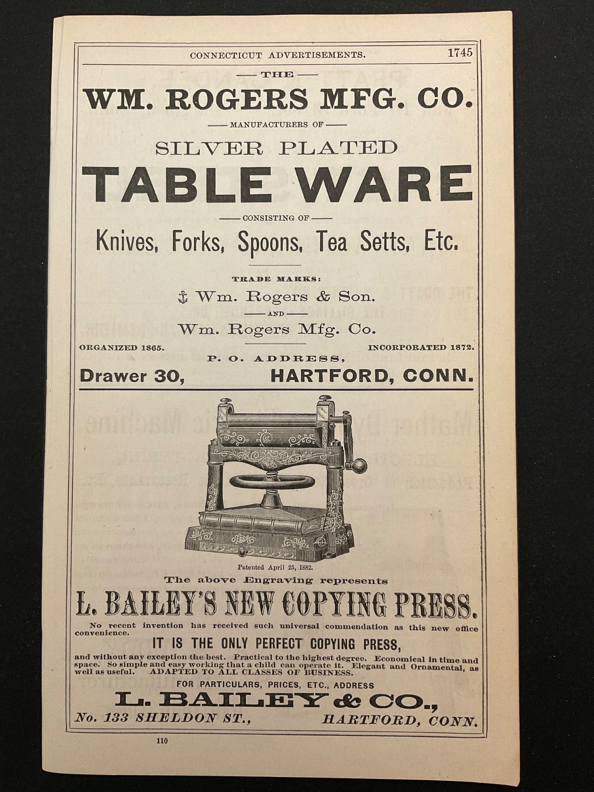 1883 Antique Ad Page WM Rogers Mfg Co Silver Plated Table Ware, Mather Dynamo CT
