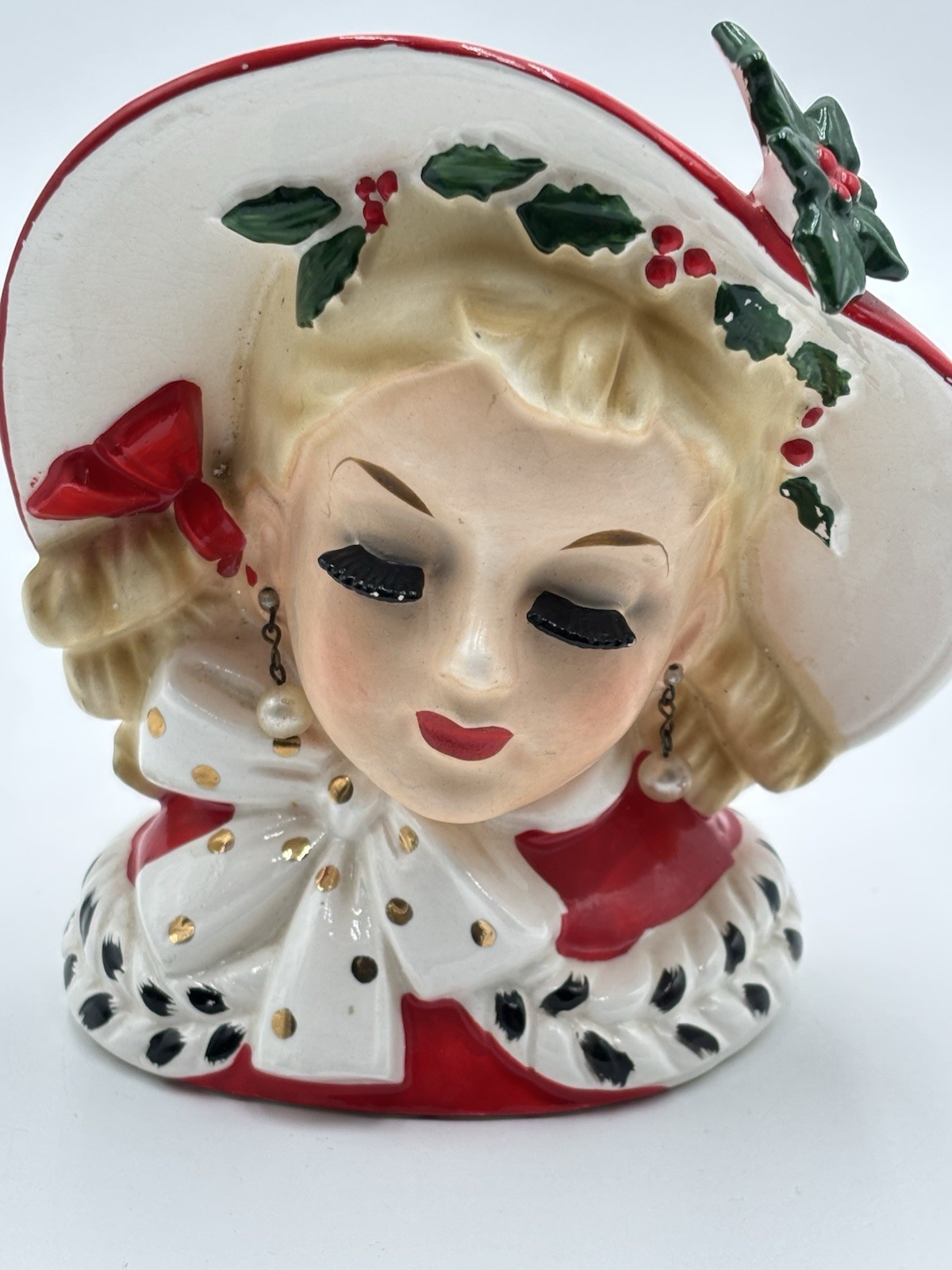 VTG INARCO E-195C CHRISTMAS LADY HEAD VASE HAND PAINTED RED HAT PEARL EARRINGS