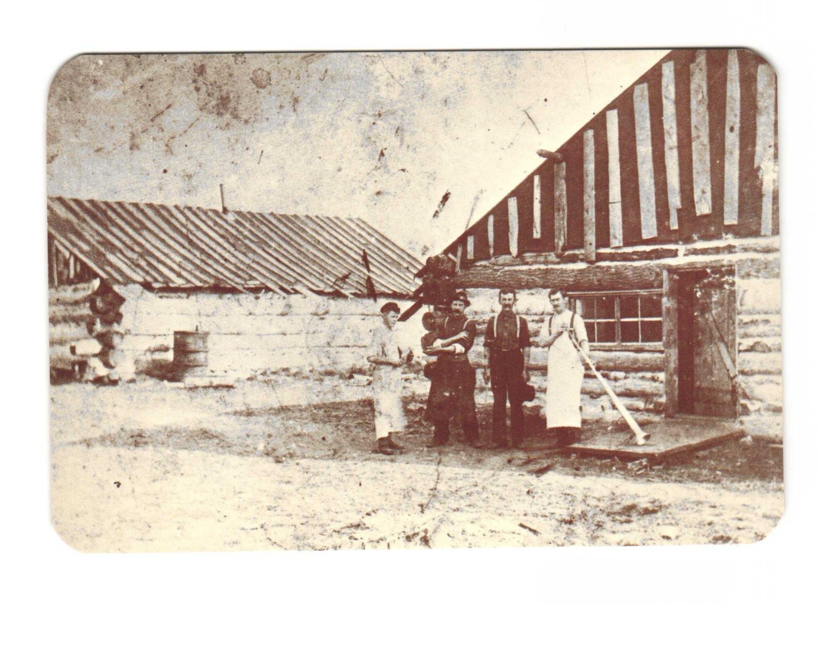 Lumberjacks in front WANIGAN Room near West Branch MI around 1900 VTG postcard