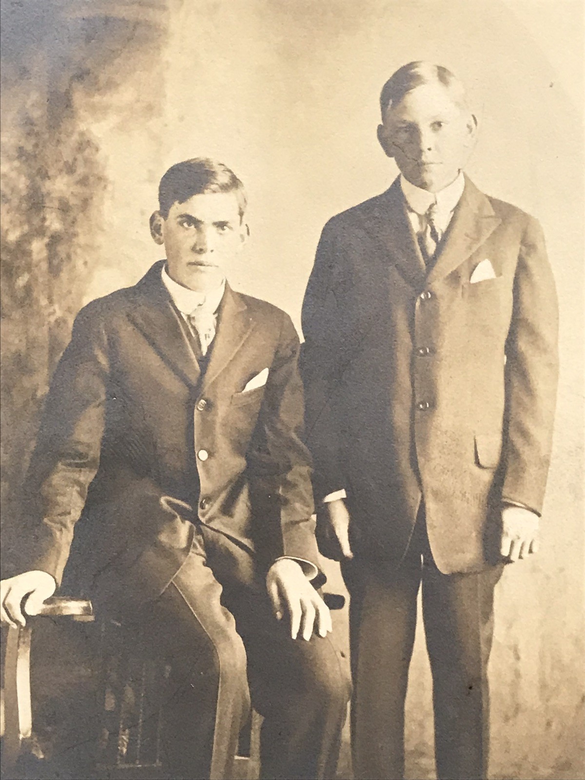 c1920s 2 Boys Young Men Siblings in Dark Suits Photograph 4.25x6.25