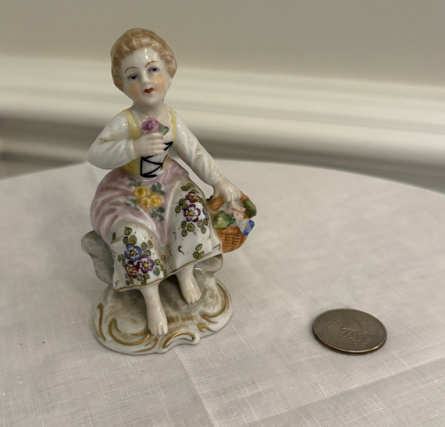 Antique Sitzendorf Germany Porcelain Lady Figurine Flower Basket Hand Painted