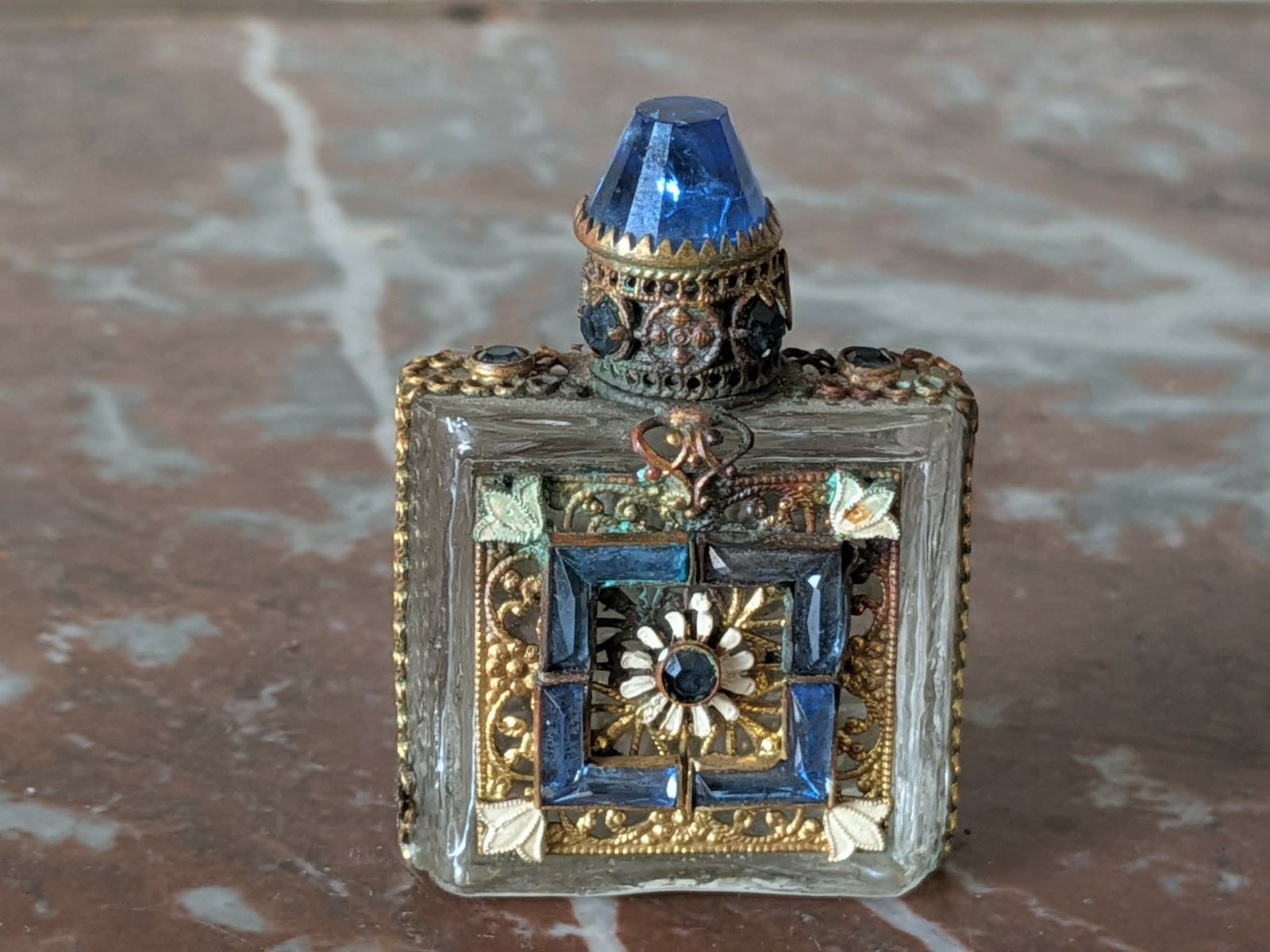 Antique Czechoslovakia Perfume bottle Blue Jewels Daisy Gold Details Ormolu