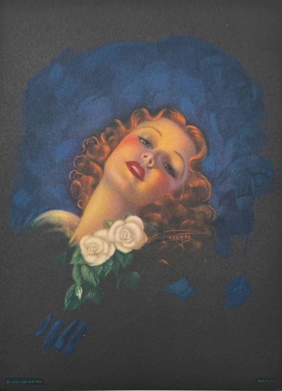 Original Vintage Billy DeVorss Pin Up Print Redhead Roses 1940s Calendar Art