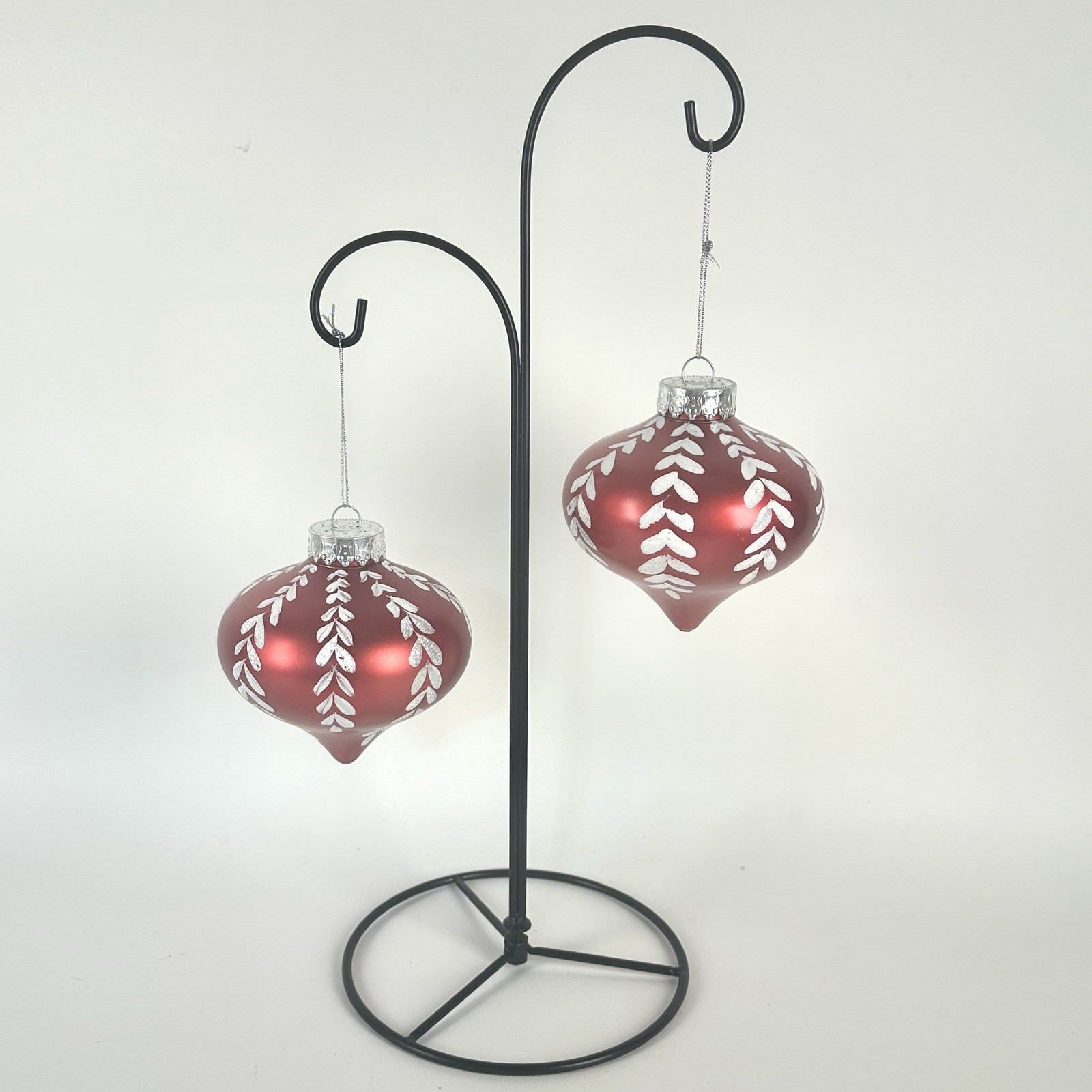 Vintage G&D Blown Glass Red & White Onion Shape  Ornaments Hand painted Set Of 2