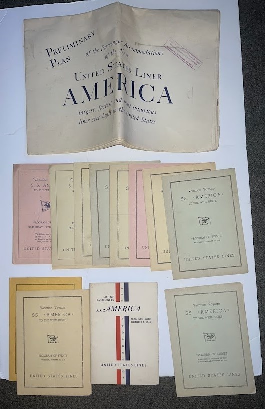 1940 USS AMERICA OCEAN LINER PRELIMINARY PLAN PASSENGER LIST EVENTS PROGRAMS LOT 1940 USS AMERICA OCEAN LINER PRELIMINARY PLAN PASSENGER LIST EVENTS PROGRAMS LOT