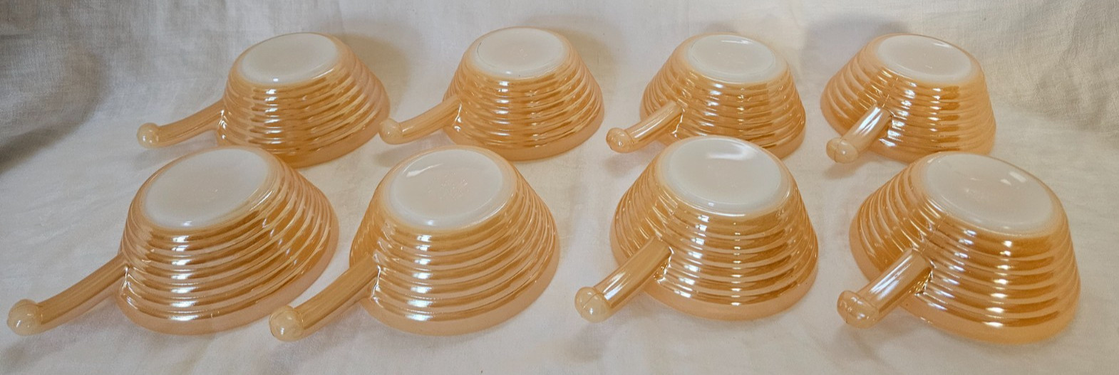 Fire King 1960 Oven Ware Peach Lustre Beehive Soup Bowl Handle Orange MCM Luster Fire King 1960 Oven Ware Peach Lustre Beehive Soup Bowl Handle Orange MCM Luster
