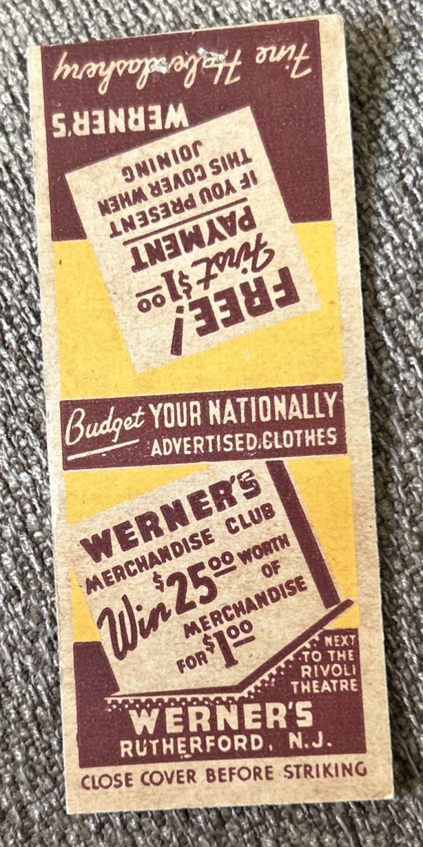 Vintage WERNER’S Merchandise Club Matchbook Cover, Rutherford, N.J.