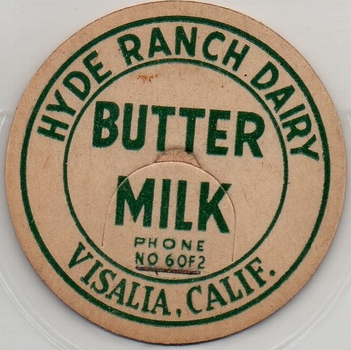 Milk Bottle Cap - Hyde Ranch Dairy - Visalia, CA (California) - Phone NO 60F2