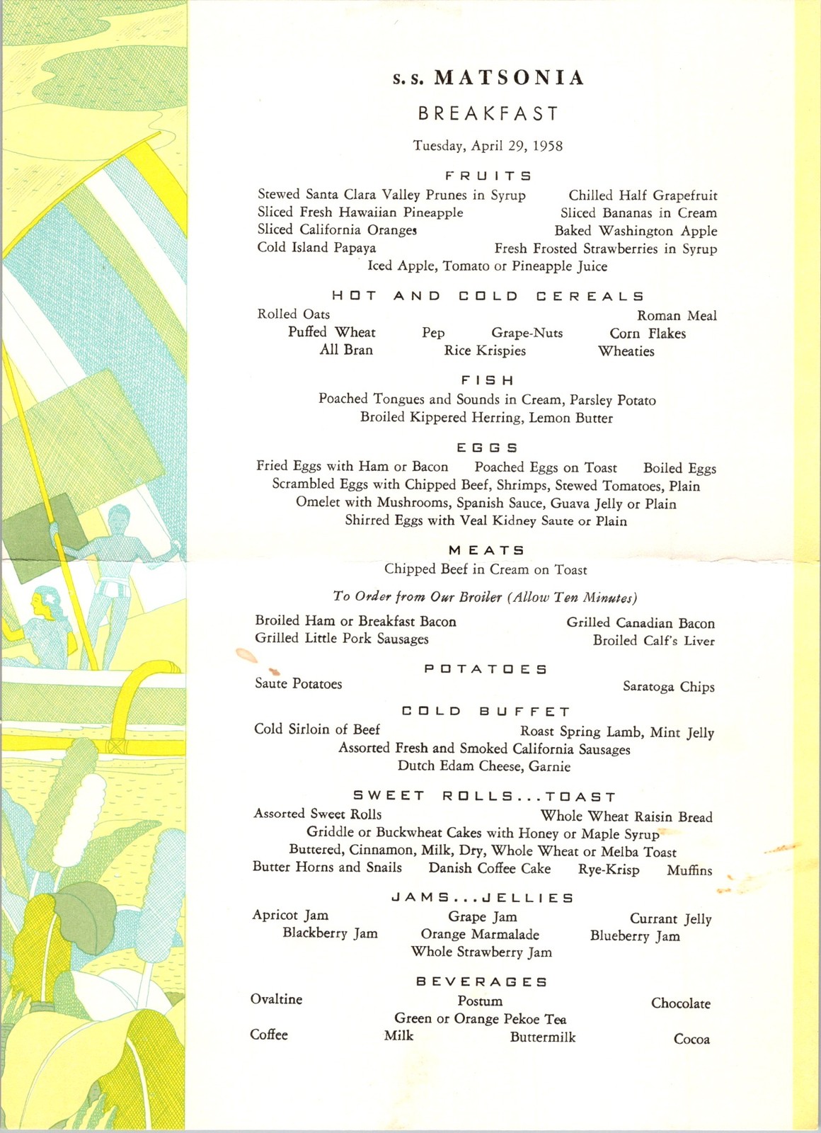 1958 S.S. Matsonia Breakfast Menu Hawaiian Cruise Liner Typographic