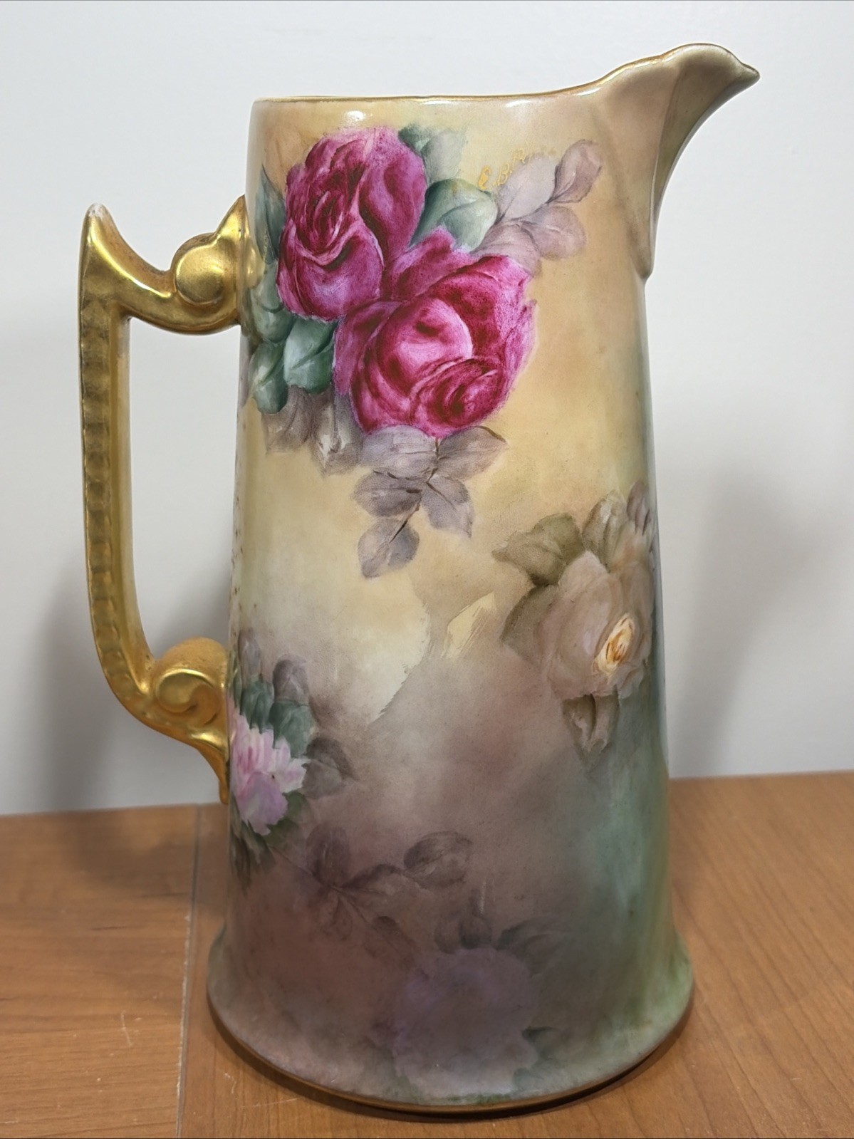 ANTIQUE LIMOGE T&V FRANCE HAND PAINTED ROSES TANKARD PITCHER SIGNED E. B. PIFIER