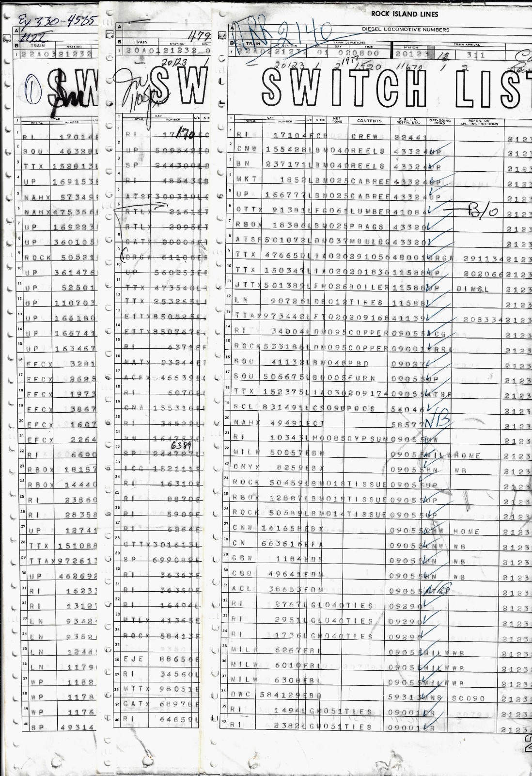 MILWAUKEE ROAD TRAIN CONSISTS (25 TRAINS) 60 PAGES,  1970S AND 1980S.