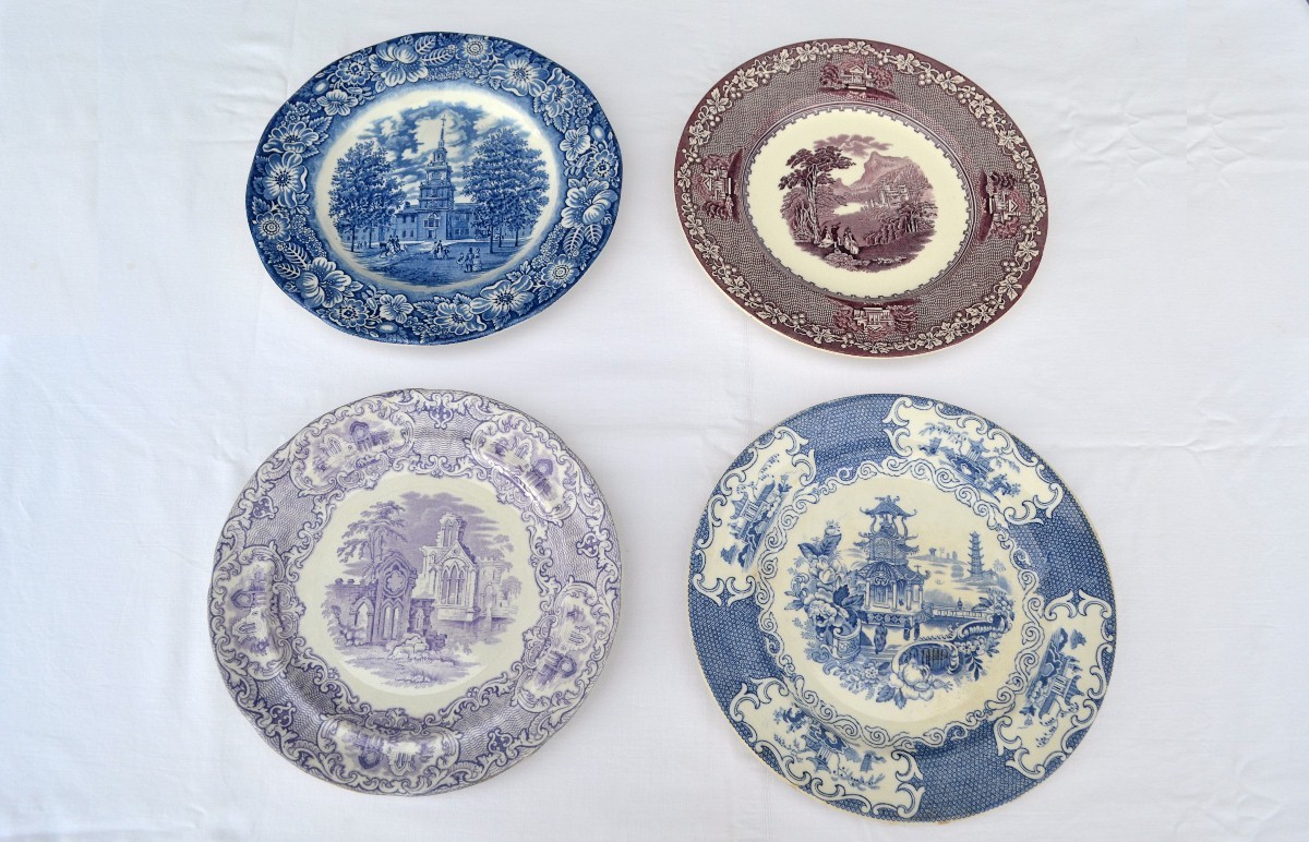 Vintage Mismatched Plates Transferware Blue Purple Mulberry 4pcs Staffordshire
