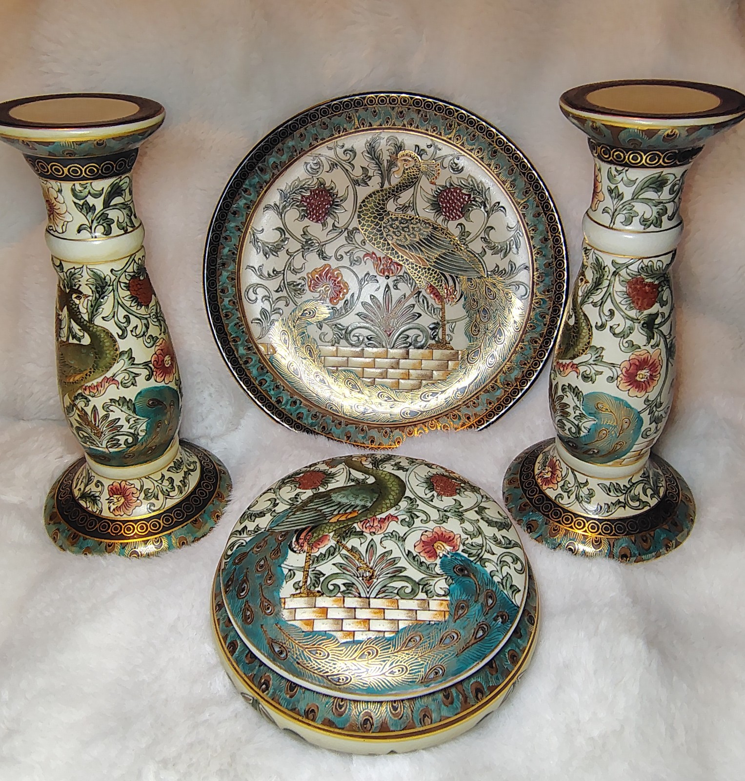 Vintage Asian Cloisonne Enamel Set: candle holders, trinket box & lid and plate Vintage Asian Cloisonne Enamel Set: candle holders, trinket box & lid and plate