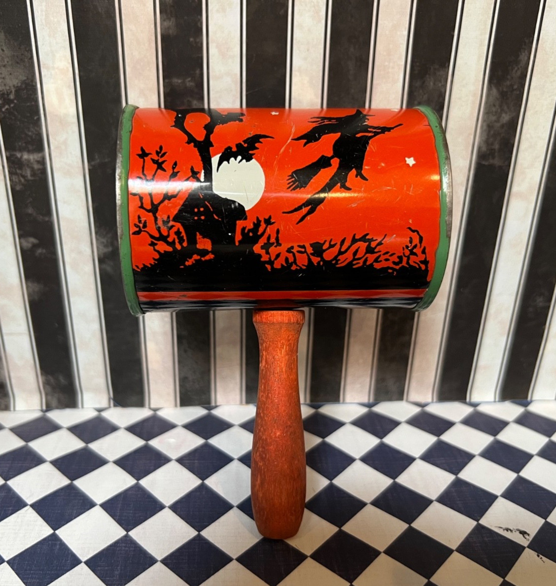 Vintage T COHN Halloween Tin Litho Rattle Noisemaker Wood Handle.  Cute graphics