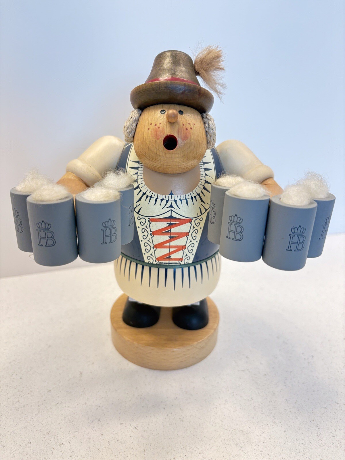 German Erzgebirgische Volkskunst 8” Barmaid HoffBrau Wooden Incense Smoker