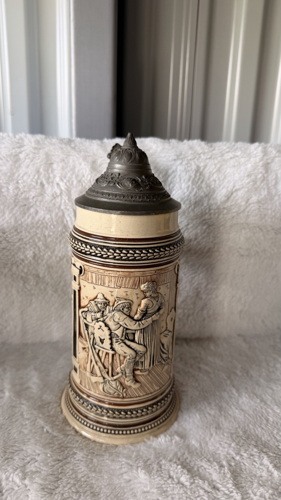 Vintage German Beer Stein Tankard Pewter Lid Floral Village Scene Germany 9392