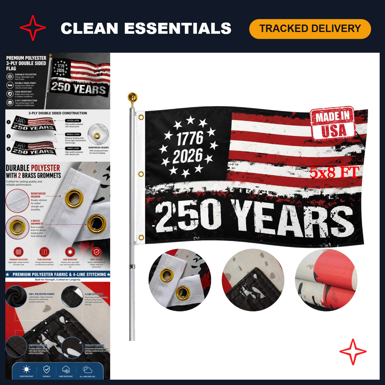 Vintage 250th Anniversary American Flag 5x8 FT - Heavy Duty 3-Ply Polyester Bann Vintage 250th Anniversary American Flag 5x8 FT - Heavy Duty 3-Ply Polyester Bann